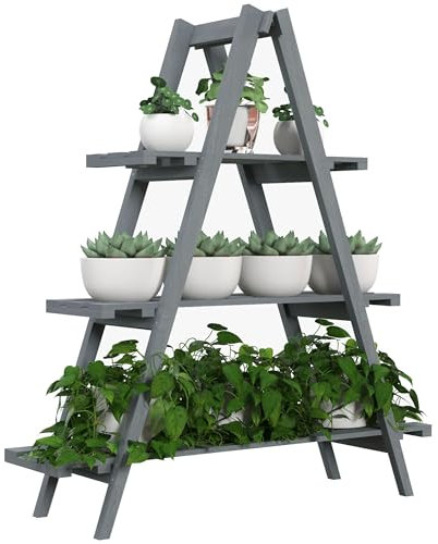 Outsunny Portapiante Verticale a 3 Livelli con Design a Doghe, Fioriera a Scale in Legno di Abete per Esterni, 100x36x112 cm, Grigio