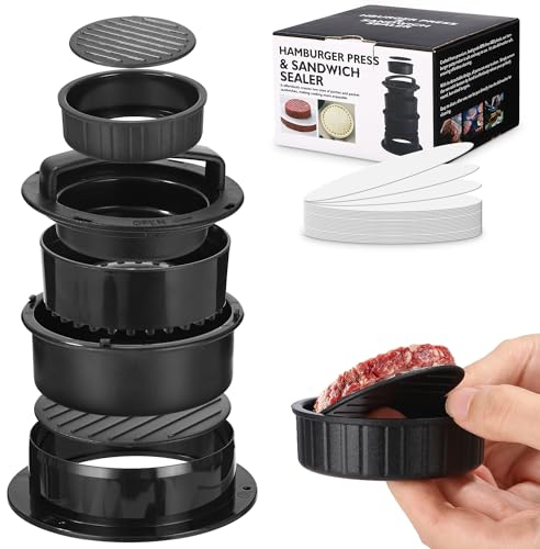 FAOKZE Pressa per Hamburger, Hamburger Pattie Presse 4 in 1, con 200 Pezzi di Carta, per Hamburger, per Barbecue, Antiaderente