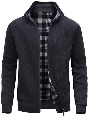 MeiLayM Hommes Cardigan Veste avec Col Debout Mince à Manches Longues Pulls Épais Doublé Chandail Zippé Chaud Veste en Maille Ouvrez-Front Zippé Tricoté Noir,XXL