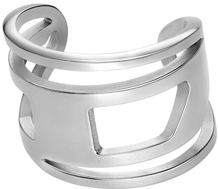 Diesel Anillos ovalados de acero inoxidable unisex con logotipo D con cierre ajustable o de palanca, 9, Acero inoxidable, Sin piedras preciosas, Tono plateado