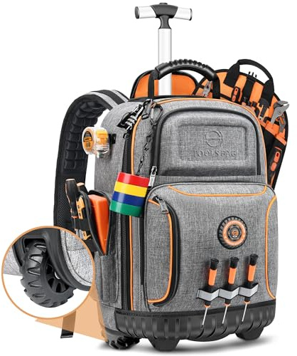 Backpack Tool Bag with Wheel, Rolling Tool Backpack for Electrician Heavy Duty Roller Tool Bag on Wheel for Construction, 75 Pockets & Loops Tool Backpack with Molded Base and Lock - Grey