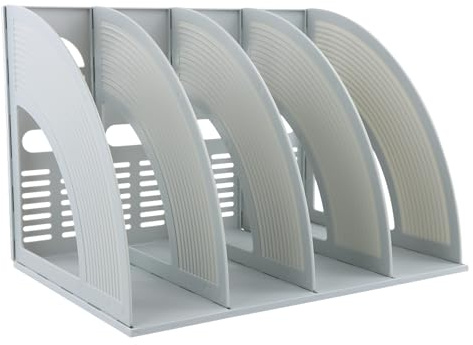 Portariviste con 4 Scomparti, Portariviste da Scrivania Verticale, Porta Quaderni da Scrivania, Robusto Organizer in Plastica per Documenti A4, Porta Libri per Ufficio, Scuola, Casa (Grigio chiaro)