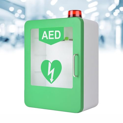 Väggmonterat AED Defibrillator Förvaringsskåp, AED Defibrillator Väggskåp med nyckel och larm, Första hjälpen skåp, Justerbar mellanvägg, Passar de flesta AED-modeller