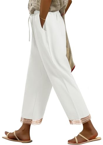 PASUDA Pantaloni Donna Estivi Casual Cotone Pantalone Leggeri Larghi con Coulisse Elastico Pantaloni Vita Alta Gamba Dritta Pantaloni con Tasche (Bianco, XL)