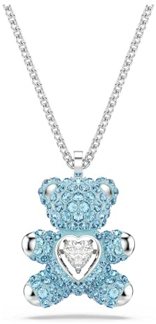 Swarovski Teddy Collana Pendente, con Cristalli Blu e Zirconia Trasparenti, Tecnica Pointiage, Forma a Orso 3D, Chiusura a Moschettone, Placcatura in Tonalità Rodio, 38-45 cm, 2,1 x 1,5 cm