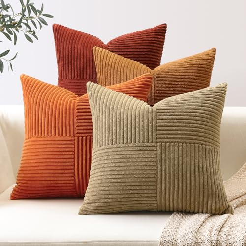 Sungeek Set of 4 Decorative Cushion Covers Soft Striped Corduroy Boho Square Throw Pillow Cases Fall Mix and Match Home Decor for Sofa Couch Living Room Bedroom Farmhouse 45x45cm, Brown Rust