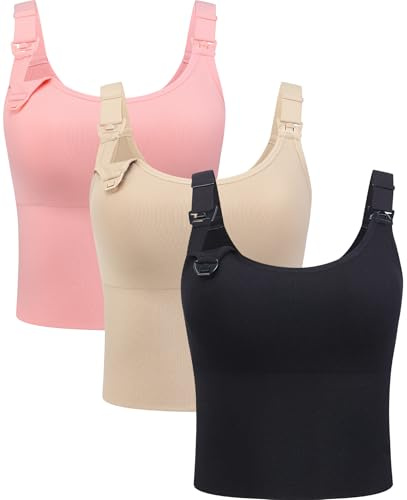 Suekaphin Nursing Longline Bra Tank Top Crop,Maternity Support Sport Bra,Pullover Wide Straps Sewn Cups for Breastfeeding, Black/Beige/Pink, M