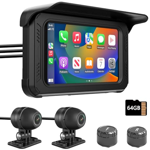 IXROAD Dashcam Moto con CarPlay y Android Auto, 1080P Cámara para Motocicleta Delantera y Trasera, Pantalla Táctil de 5 con TPMS, GPS Navegador, Tarjeta TF de 64 GB