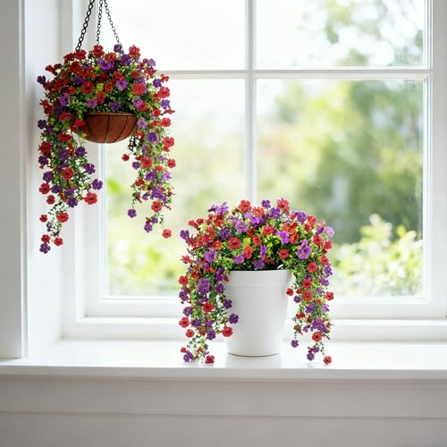 2 buntar konstgjorda hängande blommor utomhus, 80 cm UV-beständiga konstgjorda hängande växter, falska blåregn, vinstockar, silkesblommor för vägghängande planterare, trädgård, uteplats, balkong