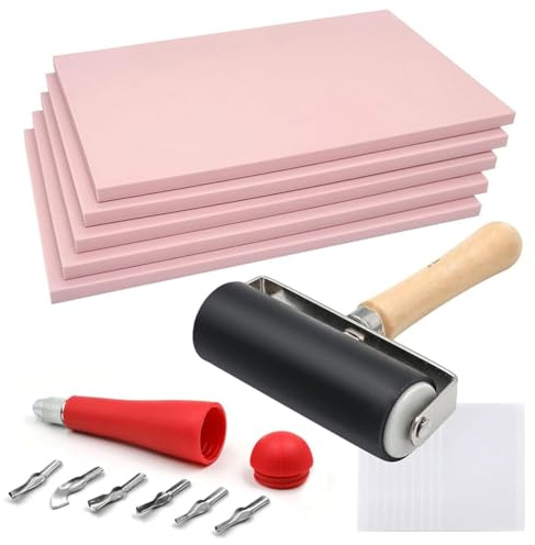 Ujjdwiurgh 5 Pack 4x6 Pale Pink Rubber Stamp Carving Blocks Linoleum Block with Linoleum Cutter and Rubber Brayer Roller
