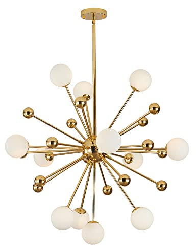 KCO Lighting - Lámpara de araña moderna Sputnik dorada con 12 luces de cristal de leche, lámpara colgante de mediados de siglo, lámpara de araña contemporánea para comedor, lámpara colgante de techo