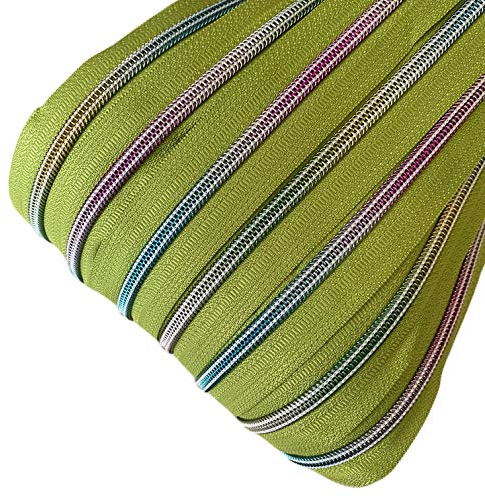 Schnoschi 2 m grüner 5mm endlos Reißverschluss mit Regenbogeneffekt 5 mm Laufschiene + 5 Zipper, Spiralreißverschluss