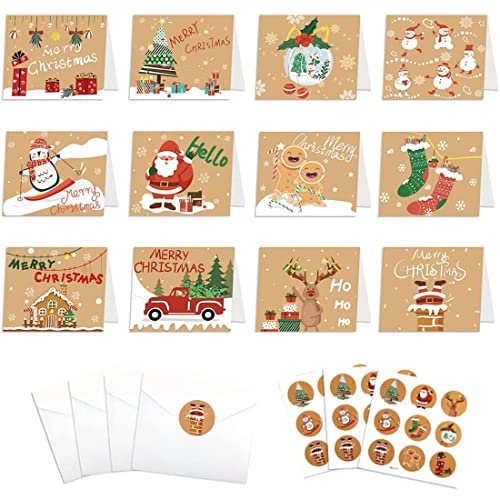 Bluelves Tarjetas de Navidad, 24 Piezas Navidad Tarjeta de Felicitación, Tarjetas Navideñas con Sobres y Pegatinas, Tarjetas Navidad en Blanco, Postales Navidad para Saludos Familia, Amigos, Niños