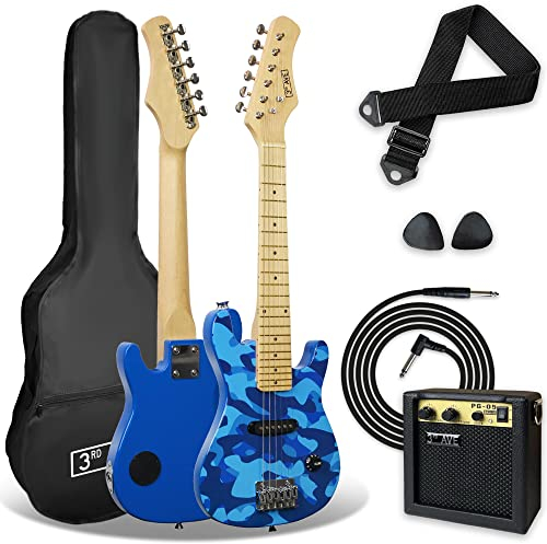 3rd Avenue E-Gitarrenset für Kinder in 1/4-Größe, Junior-Gitarre für Anfänger – mit 6 Monate KOSTENLOSEM Unterricht, tragbarem Verstärker mit 5 W, Kabel, Tasche, Plektren und Gurt – in Camouflage-Blau