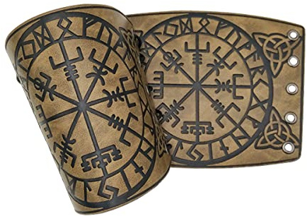 Thajaling Pulsera de Cuero Con Guantelete Hecha a Mano, Brazalete de Grano Completo, Muñequera Vikinga, Brazaletes de Brújula Rúnica Viking Para Recreación Histórica (Caqui)