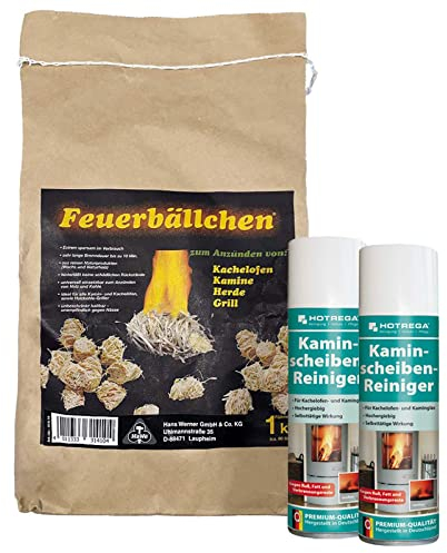 HOTREGA Kaminscheibenreiniger 2x 300ml | Selbsttägiger Kaminglasreiniger | Löst Ruß, Rauchharz & Fett selbsttätig | inkl. 1kg Feueranzünder