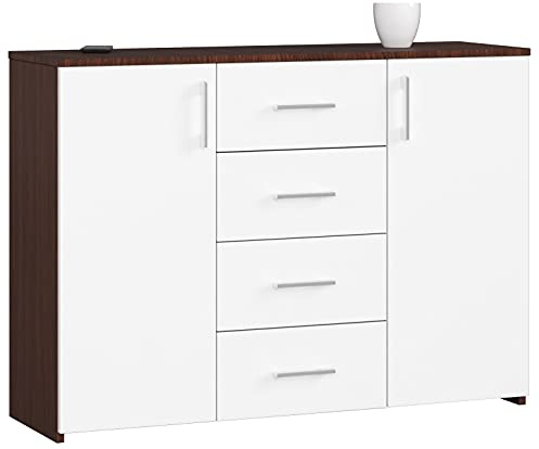 AKORD Kommode K45 110 cm | mit 2 Türen und 4 Schubladen | Schrank | für das Wohnzimmer | für das Schlafzimmer | B110 x H80 x T35 cm | Gewicht 48,00 kg | Wenge/Weiß