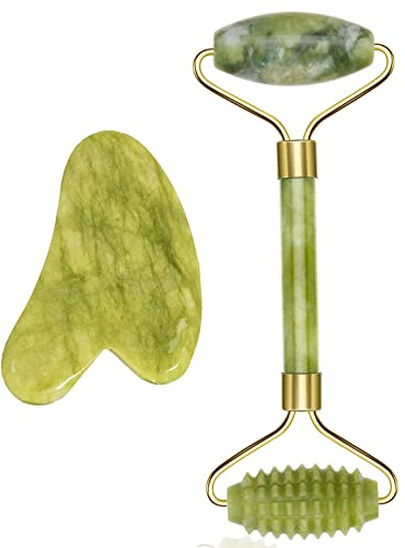 Gua Sha MassagegeräT, Jade Roller Set, Natü Rliche Jaderolle, Gesichts FüR Anti-Aging-Falten, Schlankheit Und Straffung Gesicht, Gesichtsroller Gesichtsmassage (Jade Roller Set-1)
