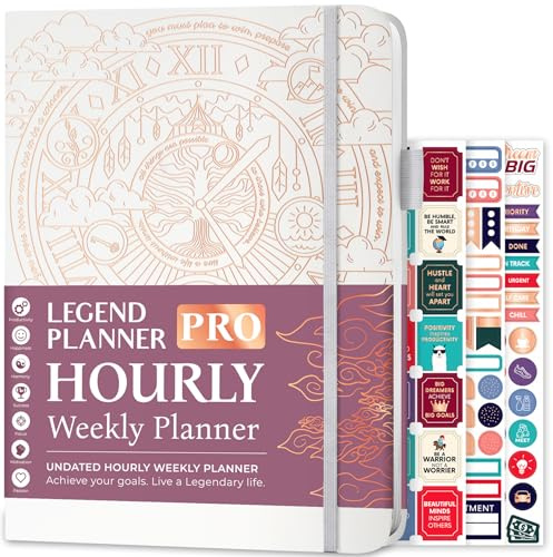 Legend Planner PRO Hourly Schedule Edition - Undated Deluxe Weekly & Daily Organizer with Time Slots. Time Management Appointment Book Journal for Work & Personal Life, A4 size Hardcover (White Gold