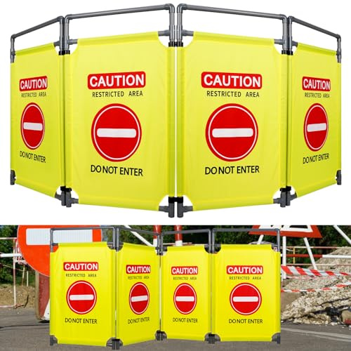 4 Panels Safety Barricade,7.8 FT Foldable Security Sign Barrier,Heavy Duty PVC Frame Barricade,DO NOT Enter Gate High Visibility Caution Symbol Crowd Control