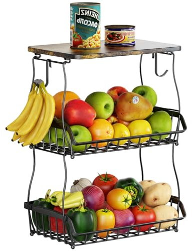 Corbeille à fruits à 3 niveaux pour comptoir de cuisine avec couvercle en bois, bol à fruits mural avec crochet de banane, panier de rangement en fil métallique pour comptoir de cuisine, support de