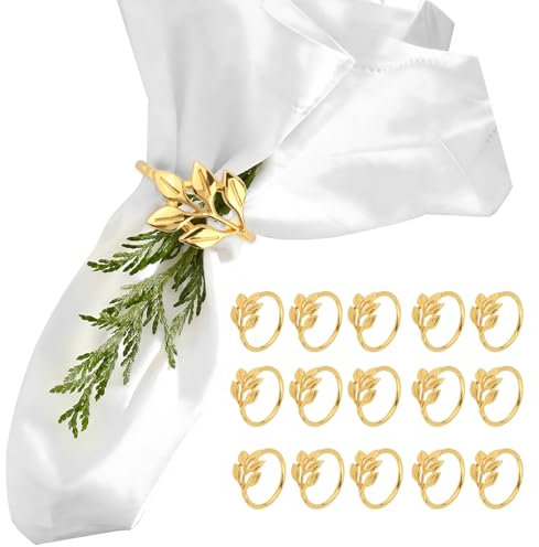 16pc Gold Leaf Napkin Rings Set - Metal Napkin Holders for Christmas, Thanksgiving, Wedding, Party, Dinner & Table Decoration
