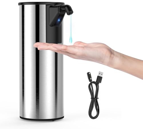 XZUO Stainless Steel Automatic Soap Dispenser Rechargeable, 4 Adjustable Touchless Sensor Detergent Pump, 350 ml Touchless Electric Hand Soap Dispenser for Bathroom, Kitchen