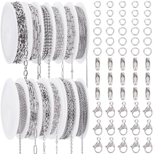 SOFPLATE 12 Rolls 32M/105 Feets Cable Chain Roll Silver Paper Clip Chain Bulk Stainless Steel Textured Ball Paperclip Venetian Link Connector Chains Kits for Jewelry Making Necklace Bracelet DIY Craft