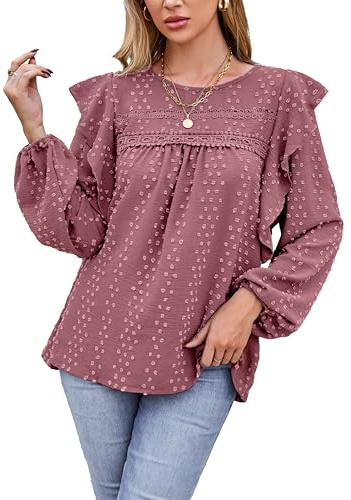 VOGMATE Blusa Camisa Túnica para Mujer Manga Larga Elegante Top de Cuello Redondo Casual Camiseta Suelta