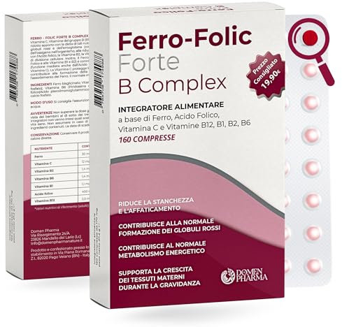 FERRO FOLIC Integratore Ferro 160 compresse ad alto dosaggio, ferro acido folico e Vitamina B12 con Complesso B e Vitamina C. Ferro Bisglicinato alta biodiodisponibilità e Acido Folico naturale.