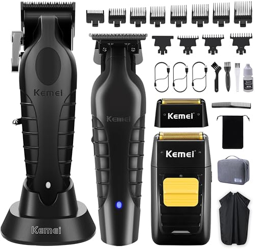 KEMEI Juego de Maquina de Cortar Pelo Hombre y Afeitadora Electrica Hombre con cabezales de repuesto, Trimmer con Hoja en T, 11 Peines Guía, KM-PG2299, KM-2296, KM-1102