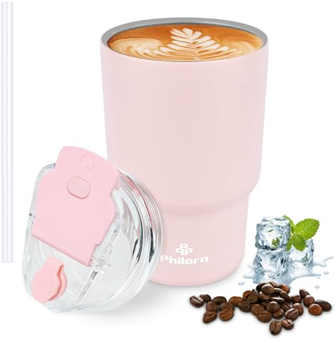 Philorn Thermobecher Kaffee to go, 14OZ/400ml mit Doppelwand, Wiederverwendbarer Kaffeebecher mit Deckel & Strohhalm, Rosa Coffee to go Becher für Heiße und Kalte Getränke