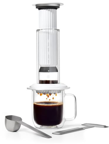 AeroPress Premium kaffepress, manuell kaffebryggare i glas, rostfritt stål och anodiserad aluminium, allt-i-ett French Press för pour-over och espresso, snabb bryggning på 2 minuter, Vit