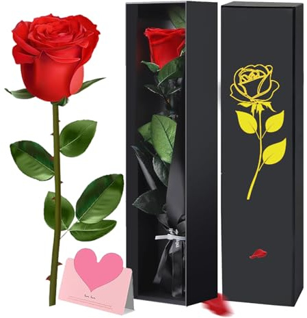 Ranedo Preserved Red Rose in Gift Box, Valentine’s Day Eternal Real Rose with Elegant Black & Gold Box, Ribbon & Card Romantic Rose Gift for Her, Gifts for women for Valentine, Birthday, Mother’s Day