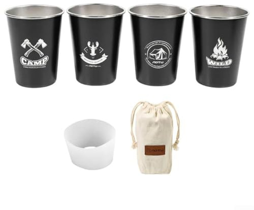 Yuanpgky Lot de 4 gobelets de camping en acier inoxydable 304 avec capacité de 350 ml, pour pique-nique, randonnée et voyage, avec sac fourre-tout en toile (noir)