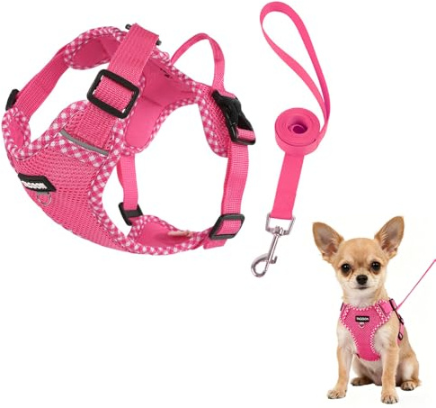 MSLSOZ Juego de arnés y correa rosa para cachorros, arnés suave y transpirable para perros pequeños, diseño de anillo en D de tracción y asa, arnés ajustable a prueba de escapes, adecuado para