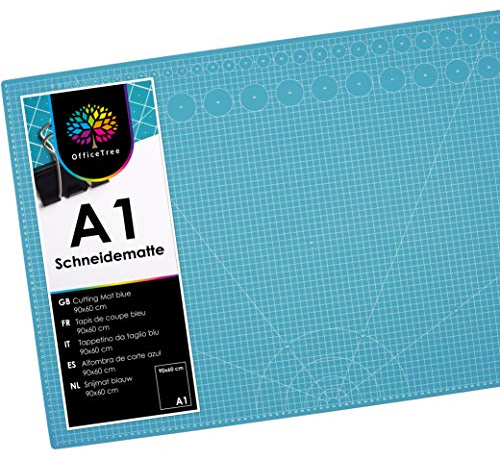 OfficeTree Schneidematte A1 - Blau - mit beidseitigen Rastern und Markierungen - Bastelunterlage 90x60 als Nähen Zubehör - Auch als Schneideunterlage und Malunterlage