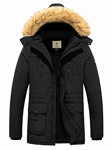 WenVen Giacca in Cotone Stile Militare Coat Hood Warm Windproof Giaccone da Lavoro Giacca Pesante a Vento Uomo Nero 3XL