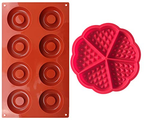 Moules de Cuisson en Silicone,1 PCS Moule à Gaufres + 1 PCS moules à donuts Silicone Moule à Beignets Antiadhésif Moule à Muffins coeur moule à crêpes pour gâteau