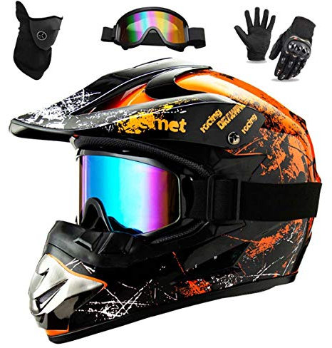 WEITY Casques Motocross Enfant Et Adulte Set,Avec Gants Lunettes Masques,Hommes Casques Intégraux AVT MX Casques Moto De Cross Enfants Quad Bike Vélo De Montagne DOT Certification (M,Orange)