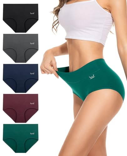 PULIOU Womens Knickers Ladies High Waisted Cotton Underwear Panties Briefs Full Back Coverage Comfy Stretchy Slight Tummy Contorl Multipack of 5,Dark Multicolor,L
