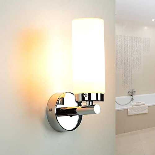 Smal vägglampa badrum, badrumslampa vägg, i krom, metall, glas, spegelljus, nedbländad, E14, H:22 cm, diffust ljus, badrumslampa