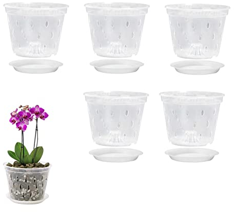 5PCS Pots pour Orchidées, Pots D'orchidées pour Le Rempotage, Fleurs avec Trous Drainage Et Soucoupes, Pot Fleurs Transparent, Jardinière À Fentes pour Orchidées