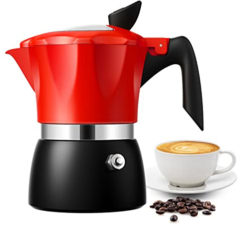 TWOMEOW Moka Pot Italian Espresso Stovetop Coffee Maker 3 Cup Lid Clear | 150ml Coffee Percolator Aluminium, Transparent Cover, Red Cafetiere for Gas Stove Electic Hob Home Camping