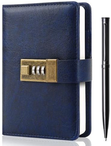 WEMATE Tagebuch mit Schloss, Tagebuch mit Schloss, Passwort-Notizbuch, Stift und Geschenkbox – perfekt für Männer und Frauen – 10,9 x 15,7 cm Dunkelblau Bewahren Sie Ihre Geheimnisse sicher auf