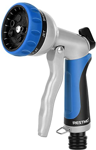 RESTMO Hose Pipe Spray Gun, Heavy Duty Garden Hose Spray Gun, High Pressure Hose Nozzle, Metal Hand Sprayer with 7 Patterns and Water Flow Control, Ideal to Water Plant & Lawn, Wash Car & Pet, Blue