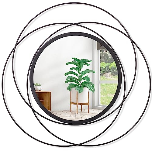 HLFMVWE Miroir Décoratif Mural Rond avec Cadre en Fer - Décoration d'Intérieur pour Salon, Chambre à Coucher, Salle de Bain, Entrée - Noir - 40 x 40 cm