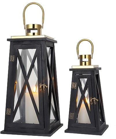 TRIROCKS Set of 2 Farmhouse Wooden Lantern 55 cm & 40 cm Tall Metal Decorative Rustic Hanging Candle Holders with Clear Tempered Glass for Christmas Wedding Parties Indoor Outdoor (Black Trapezoid)