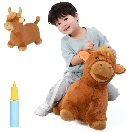 INPANY Bouncy Bull Hopping Toys - Toddler Brown Plush Cow Hopper, Kids Inflatable Farm Animal Hopper Horse, Outdoor Indoor Ride on Rubber Bouncer, Toys for 2 3 4 Year Old Boy Girl Birthday Gifts