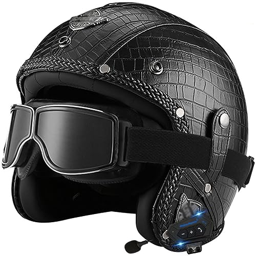 WYXAXNM Bluetooth Jet Helm 3/4 PU Leder Motorradhelm Vintage Halbhelme Brain-Cap mit Schutzbrille Retro Scooter Offenem Helm Für Herren Damen ECE Zertifizierung Rollerhelm Halbschalenhelm